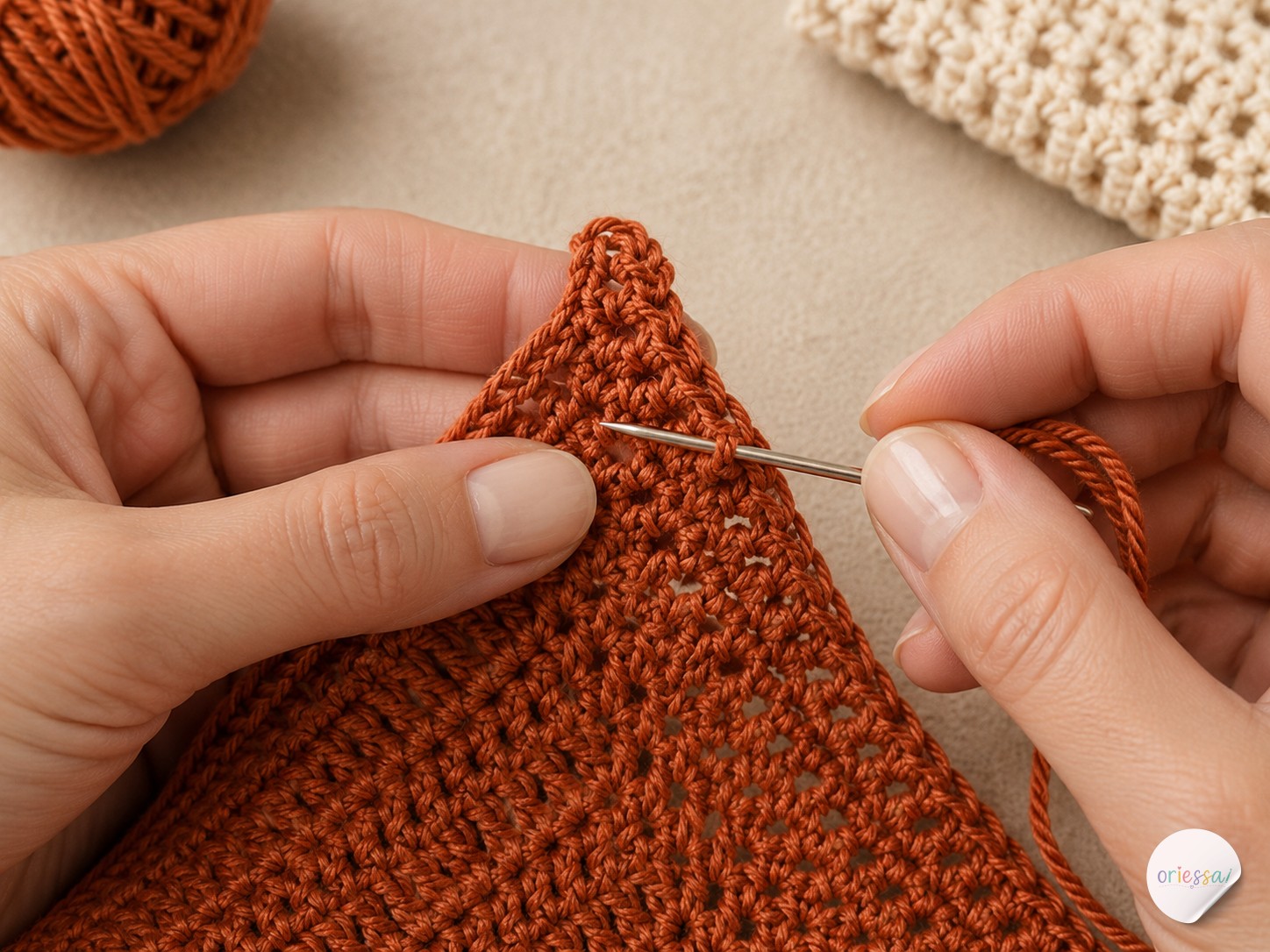 Hands shaping the neckline of a crochet top
