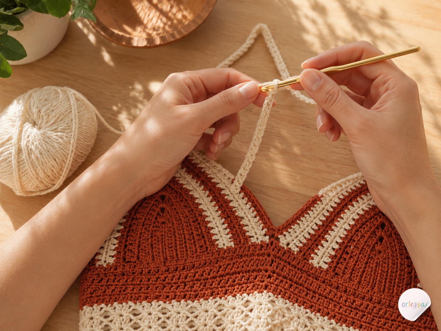 Hands crocheting adjustable straps onto the top
