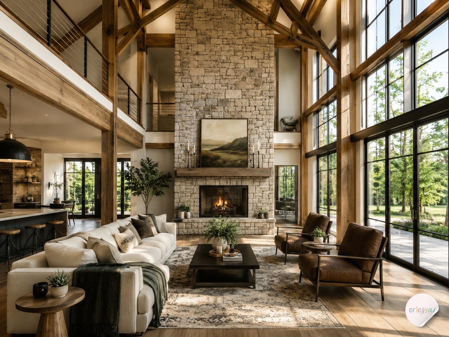 Two-story barndominium living room with vaulted ceiling and stone fireplace
