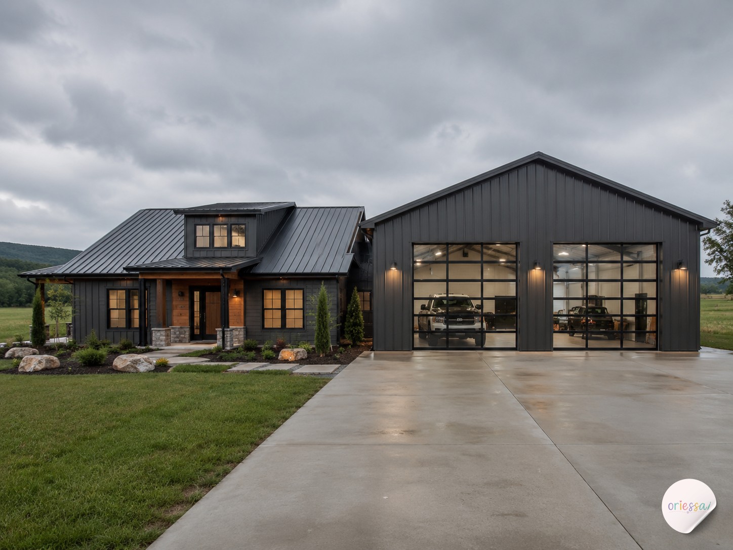 Compact barndominium with attached workshop garage and glass doors