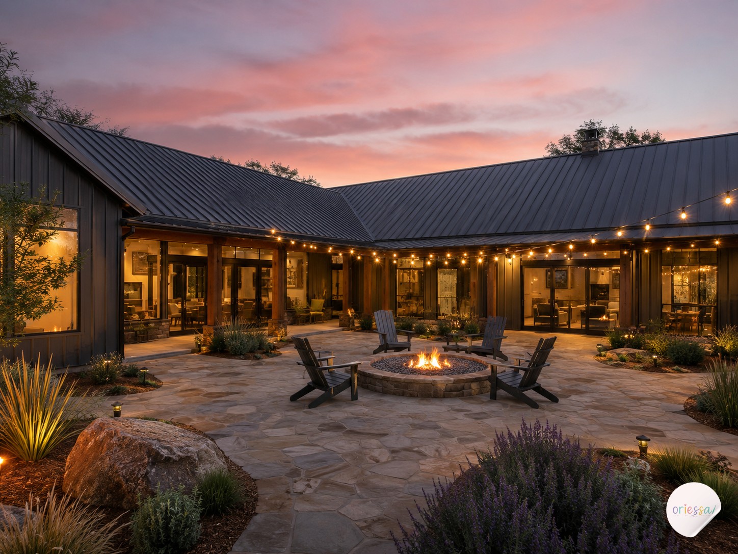 L-shaped barndominium with private backyard patio and string lights