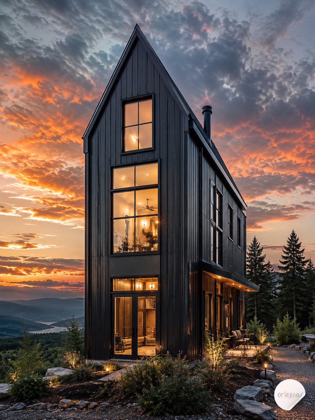 Tall narrow barndominium with vertical metal siding and large windows