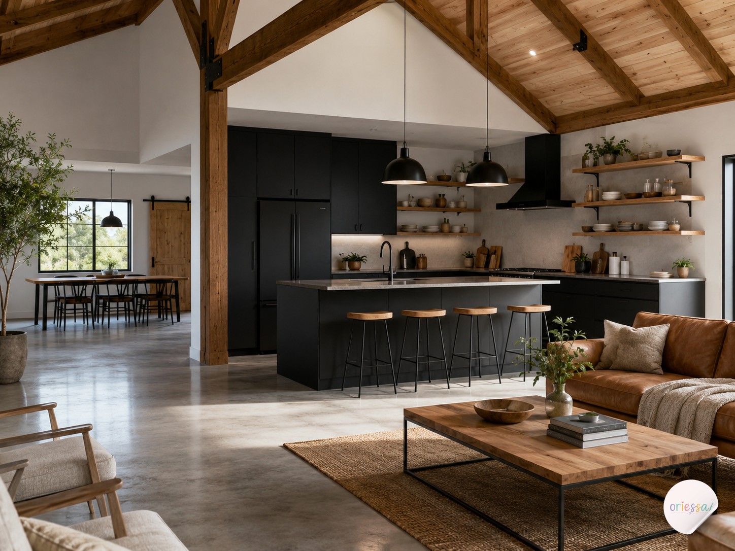 Minimalist barndominium interior with polished concrete floors and dark cabinets