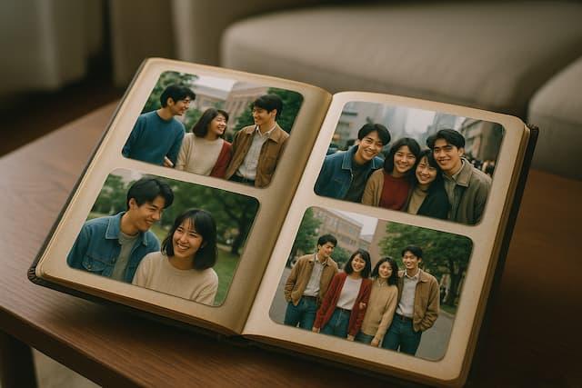 Childhood friends looking through old photos
