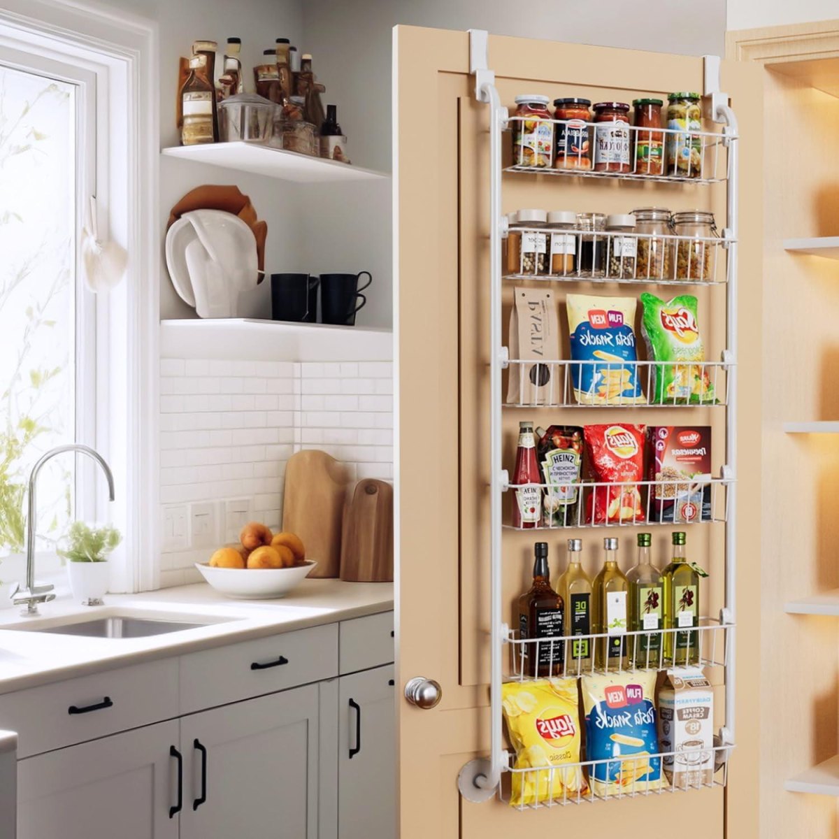 Door mounted pantry storage rack