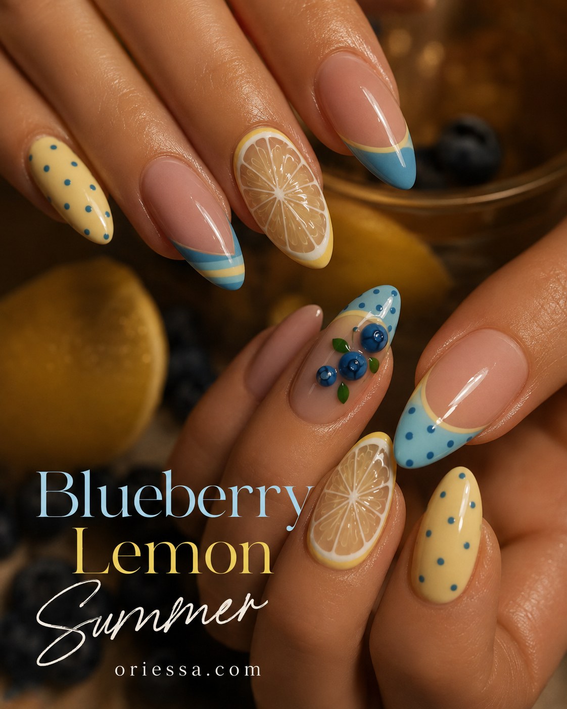 Almond nails with lemon slice and blueberry summer fruit nail art design