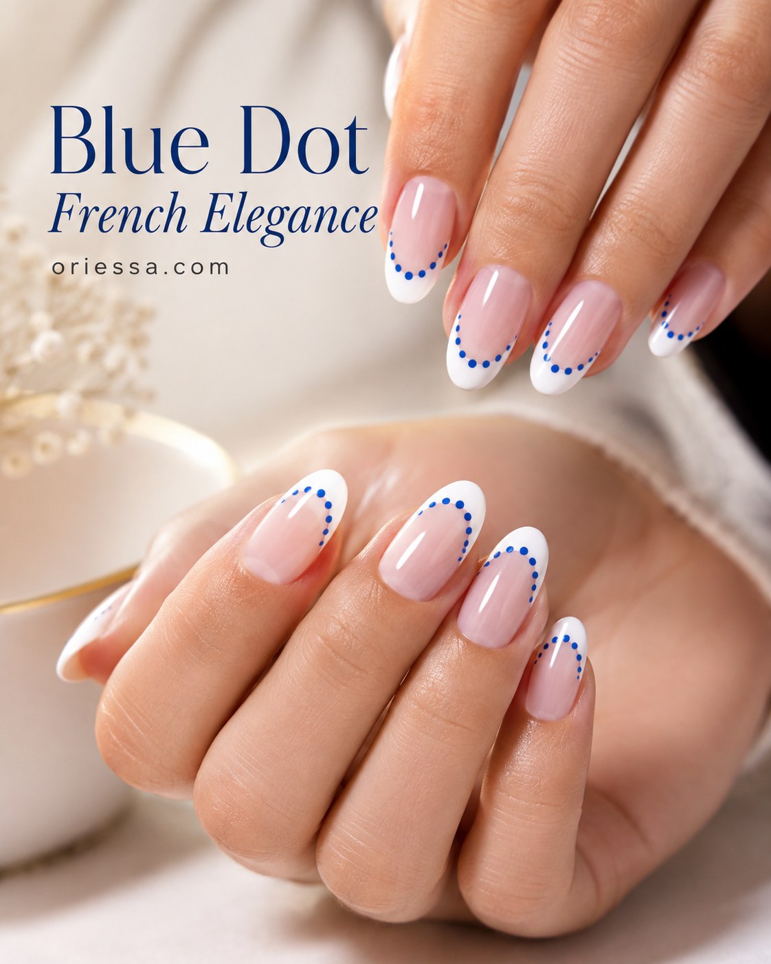 Blue dot French elegance almond nail design with a curved dotted tip line