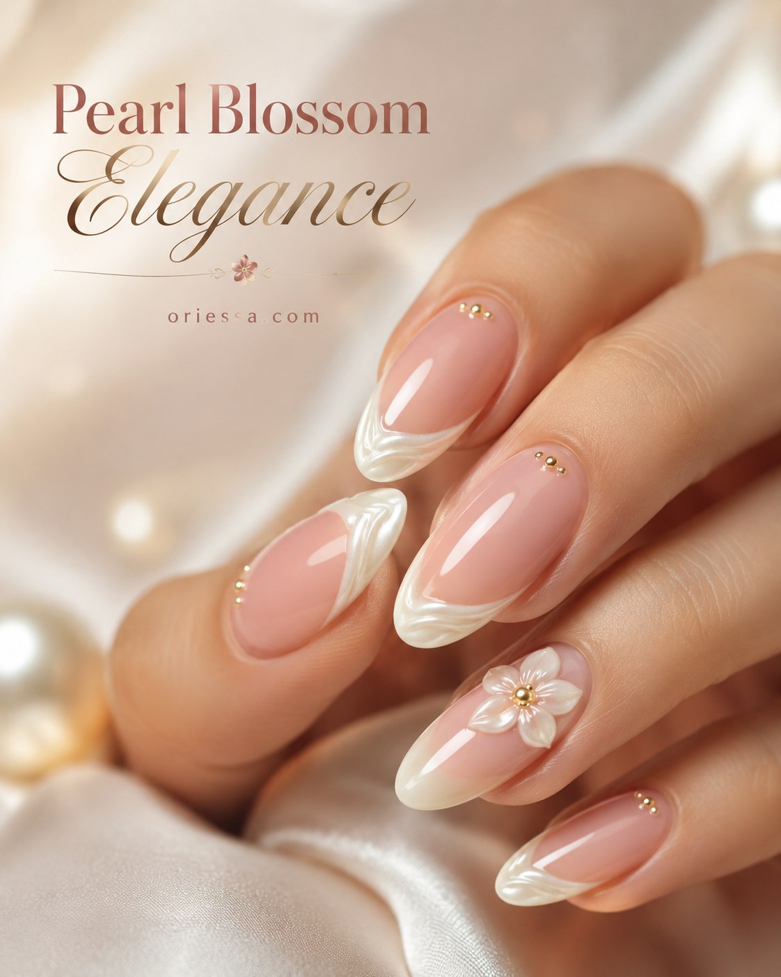 Almond nail design featuring pearl blossom art with a sculpted 3D flower accent