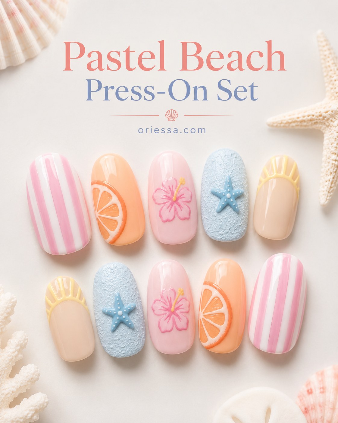 Pastel beach press-on almond nail set with stripes, citrus, and starfish designs