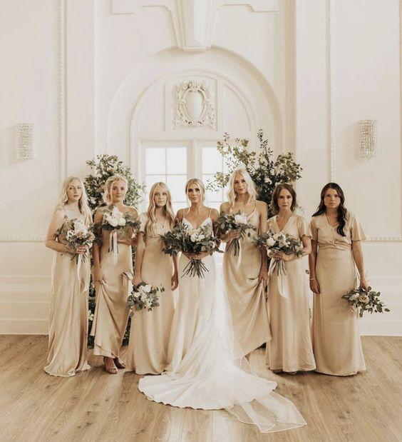 Neutral tone mismatched bridesmaid dresses