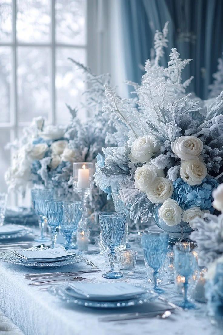 Blue white winter wedding centerpiece