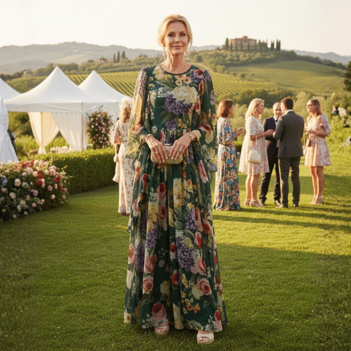 Bohemian rustic vineyard wedding guest outfit