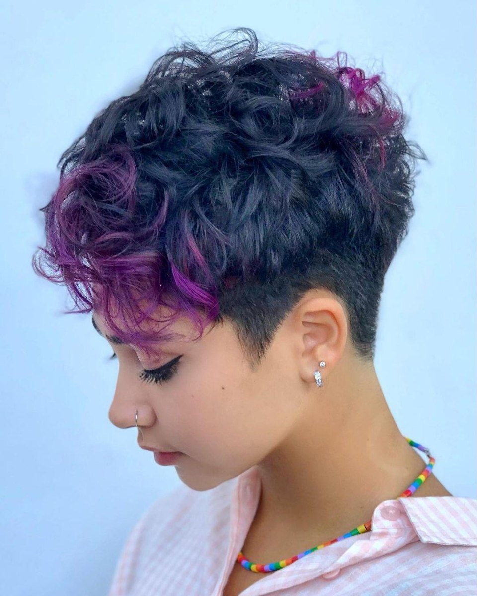 Bold colored curly pixie cut