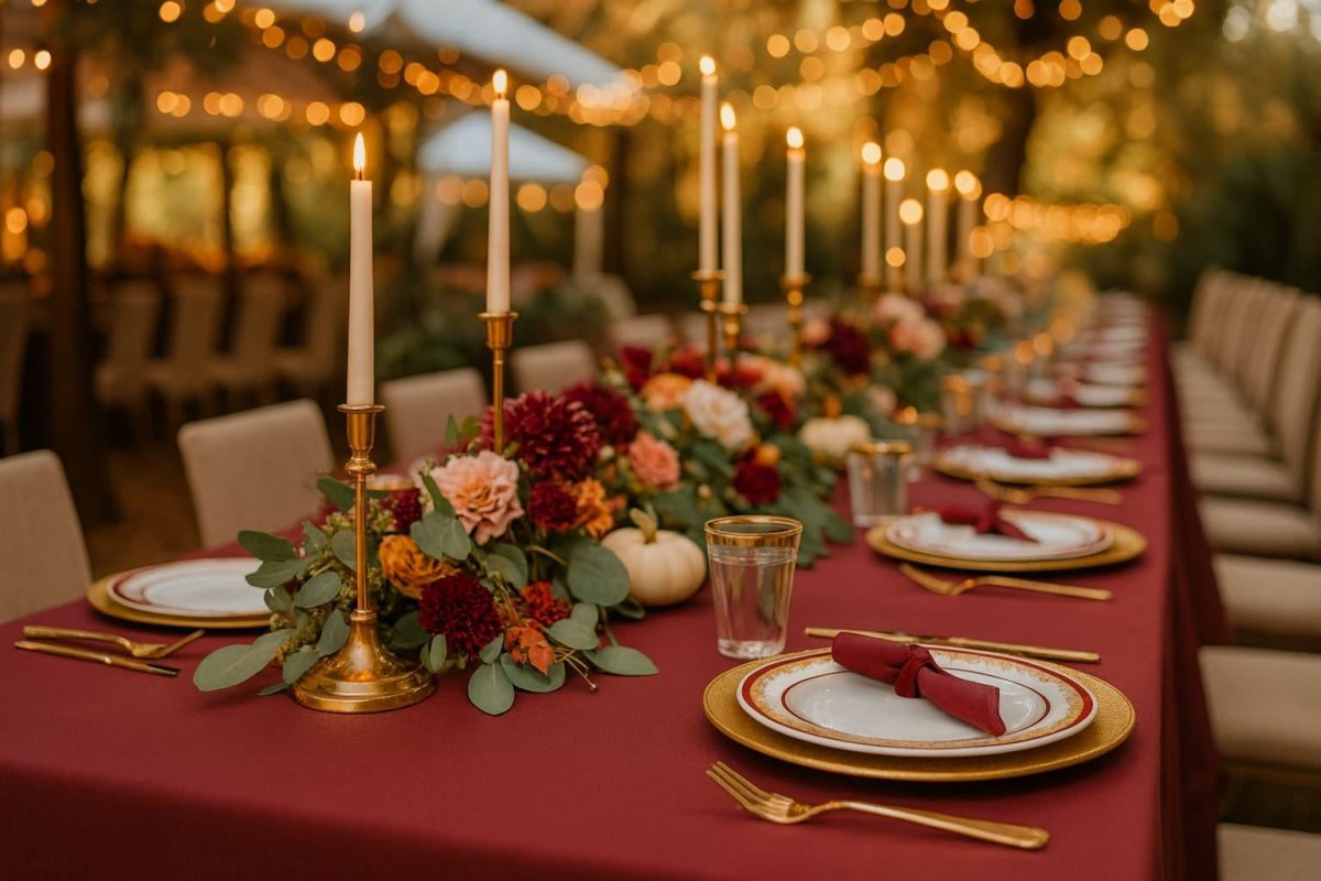 Burgundy gold fall wedding reception decor
