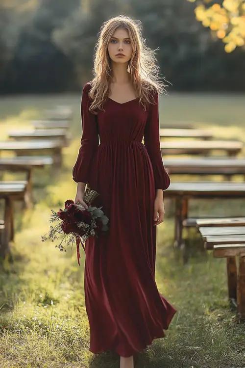 Burgundy sleeved fall wedding dress