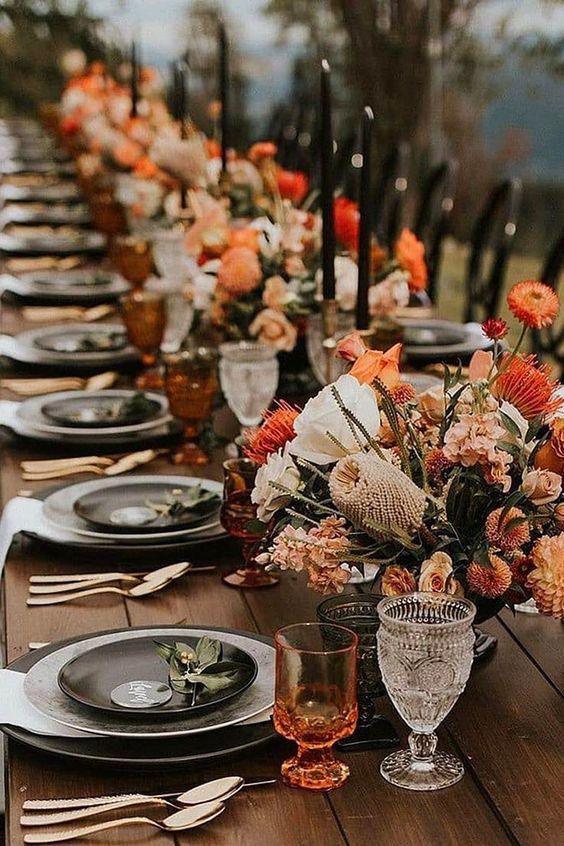 Charcoal burnt orange wedding decor