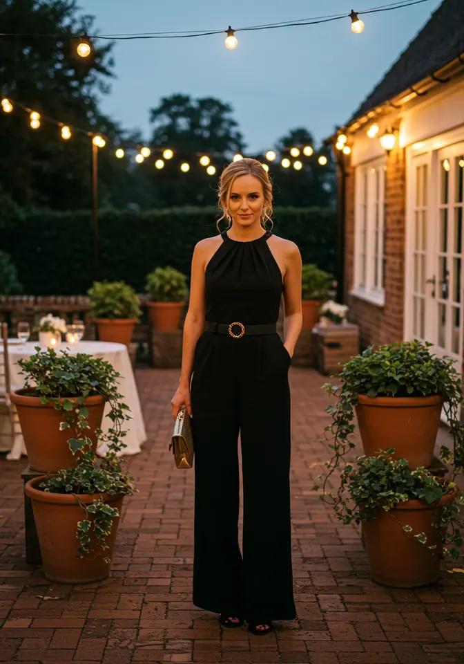 Elegant jumpsuit wedding guest outfit