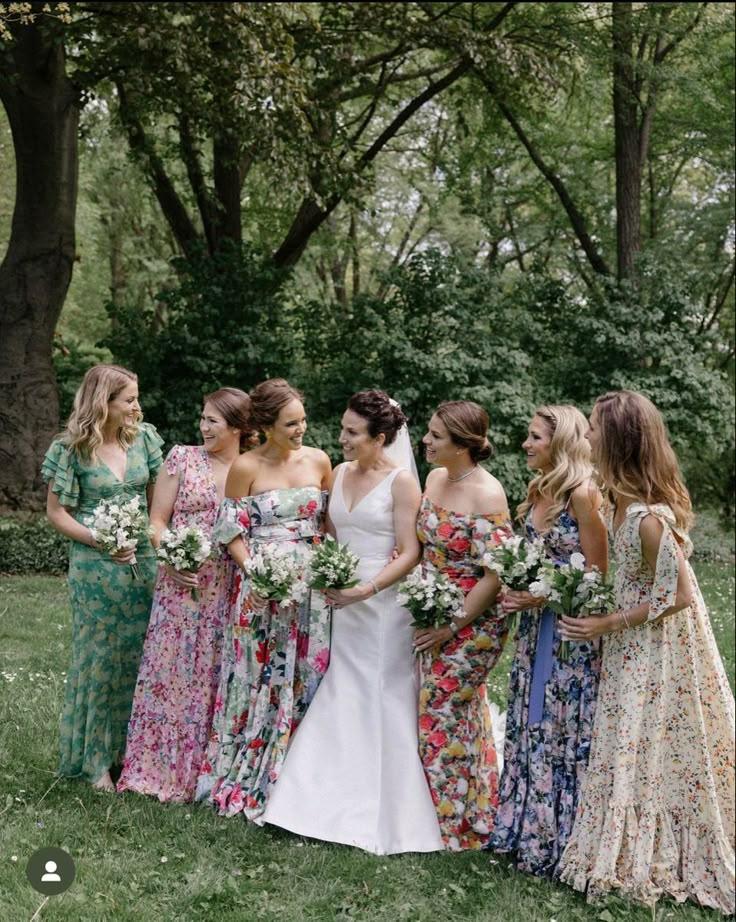 Floral print mismatched bridesmaid dresses