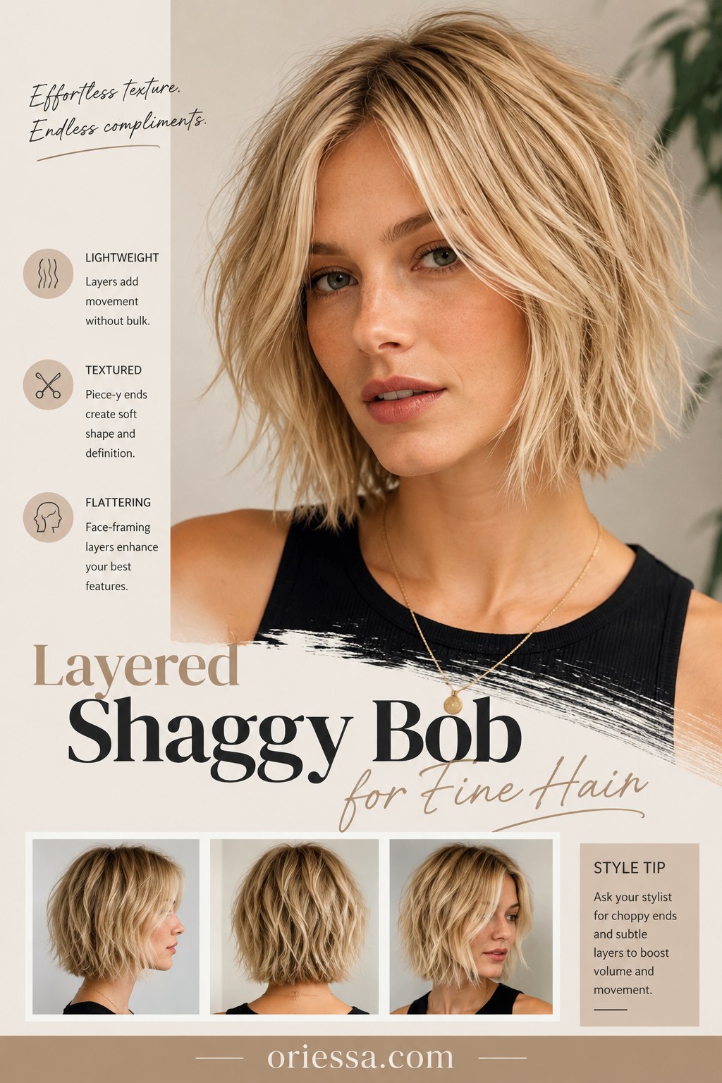 Layered shaggy choppy bob haircut designed for fine hair with lightweight texture