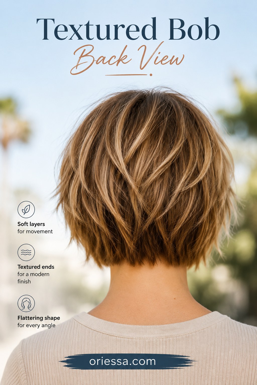 Back view of a textured choppy bob haircut showing soft layers and rounded shape