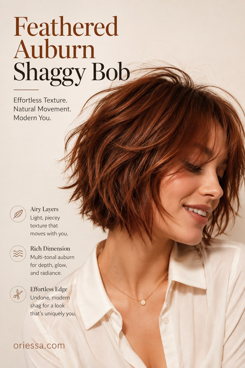 Feathered auburn choppy bob haircut with airy layers and multi-tonal color depth
