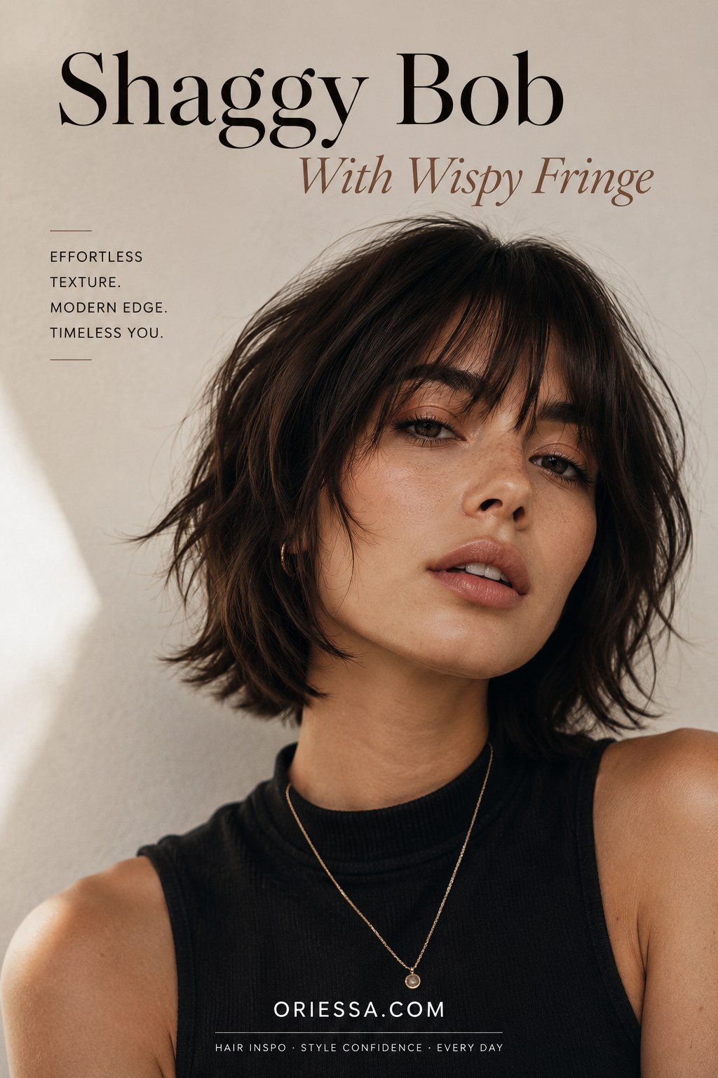 Shaggy choppy bob haircut with a wispy fringe and piece-y layered ends