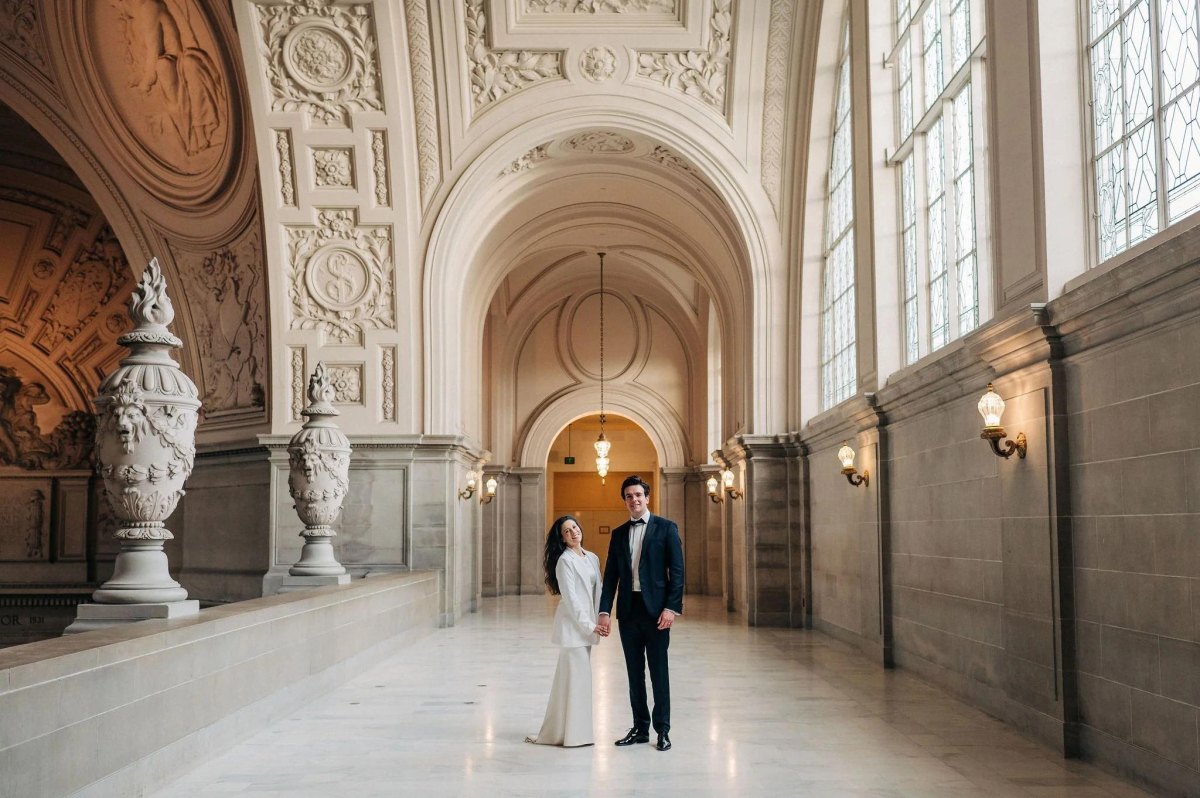 Elegant city hall elopement wedding couple