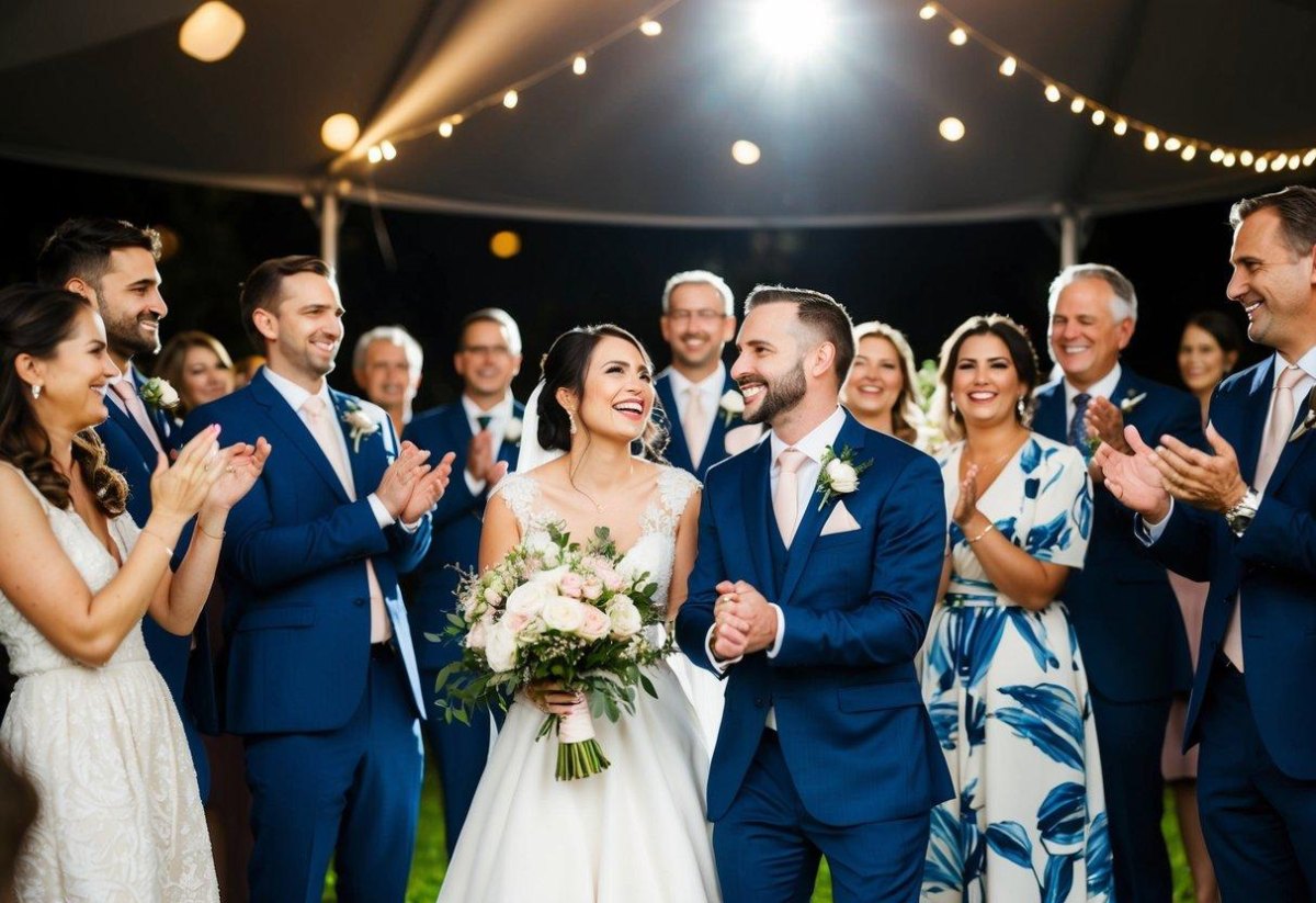 Bride and groom happy wedding guests