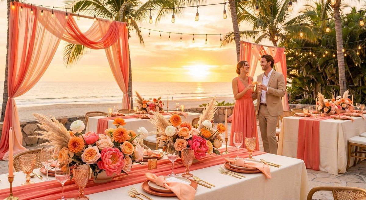 Coral blush tropical beach wedding flowers