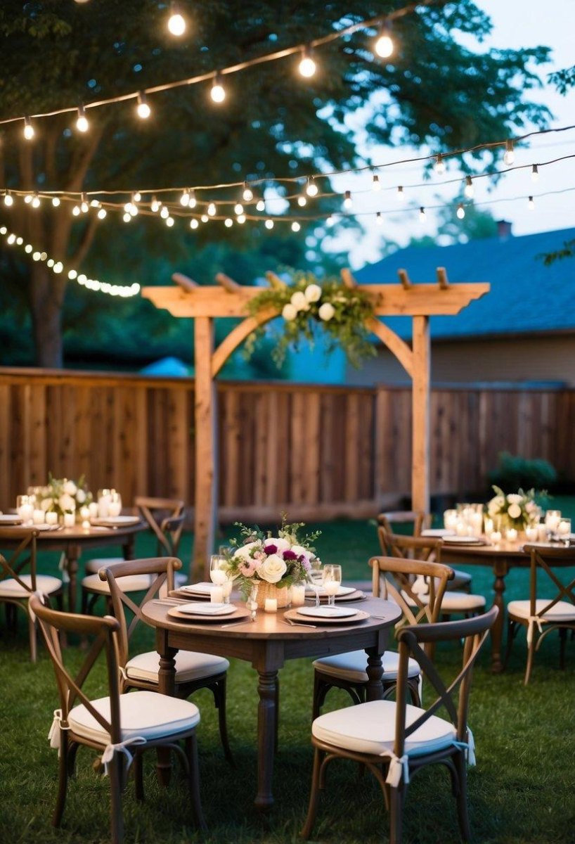 Cozy backyard wedding reception with string lights