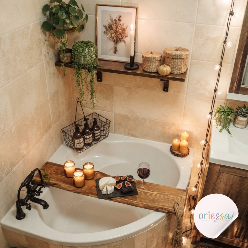 A floating walnut shelf displays graduated towel shades and dried grasses in cozy bathroom decor styling.