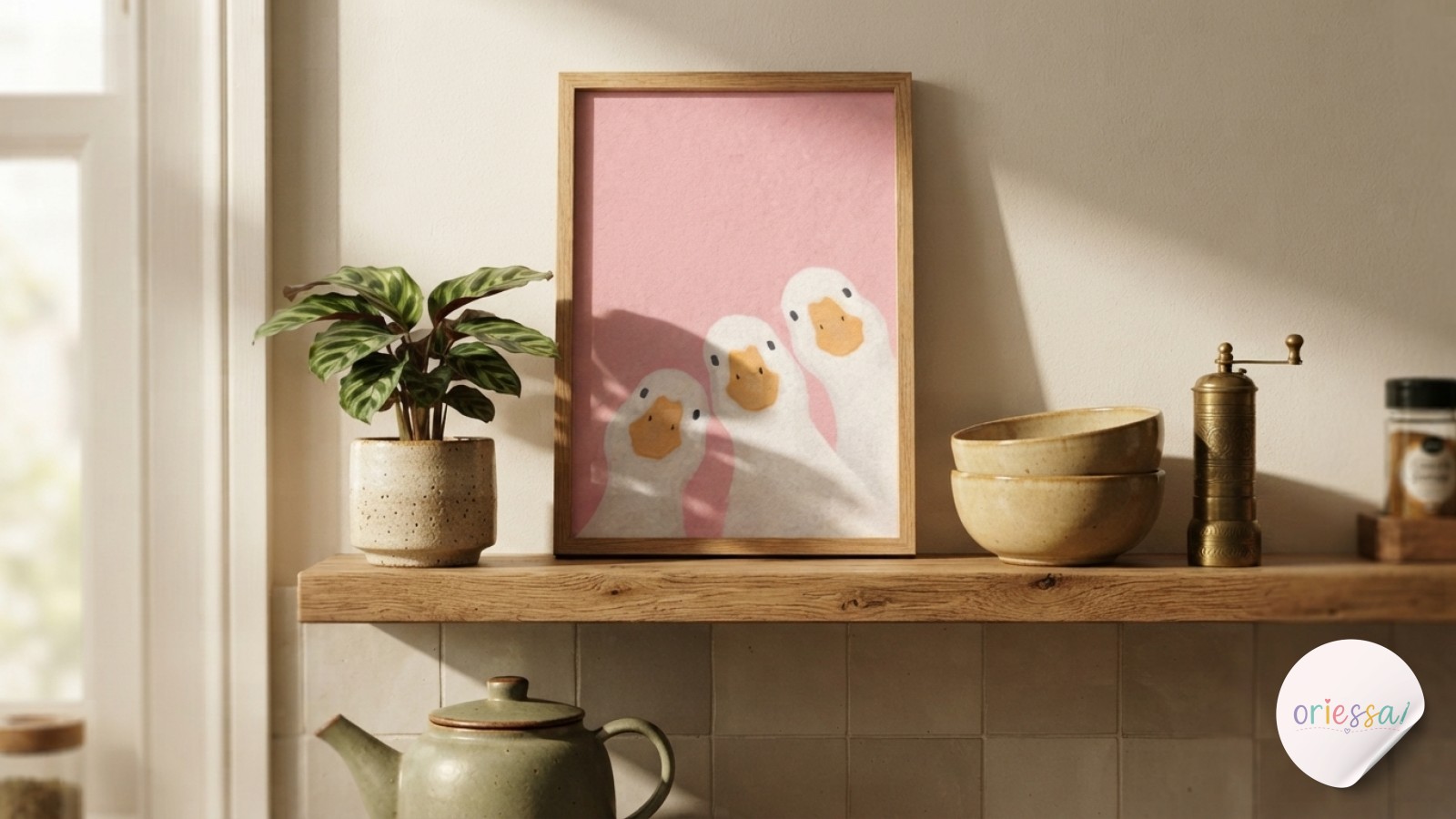 A floating walnut shelf displays graduated towel shades and dried grasses in cozy bathroom decor styling.