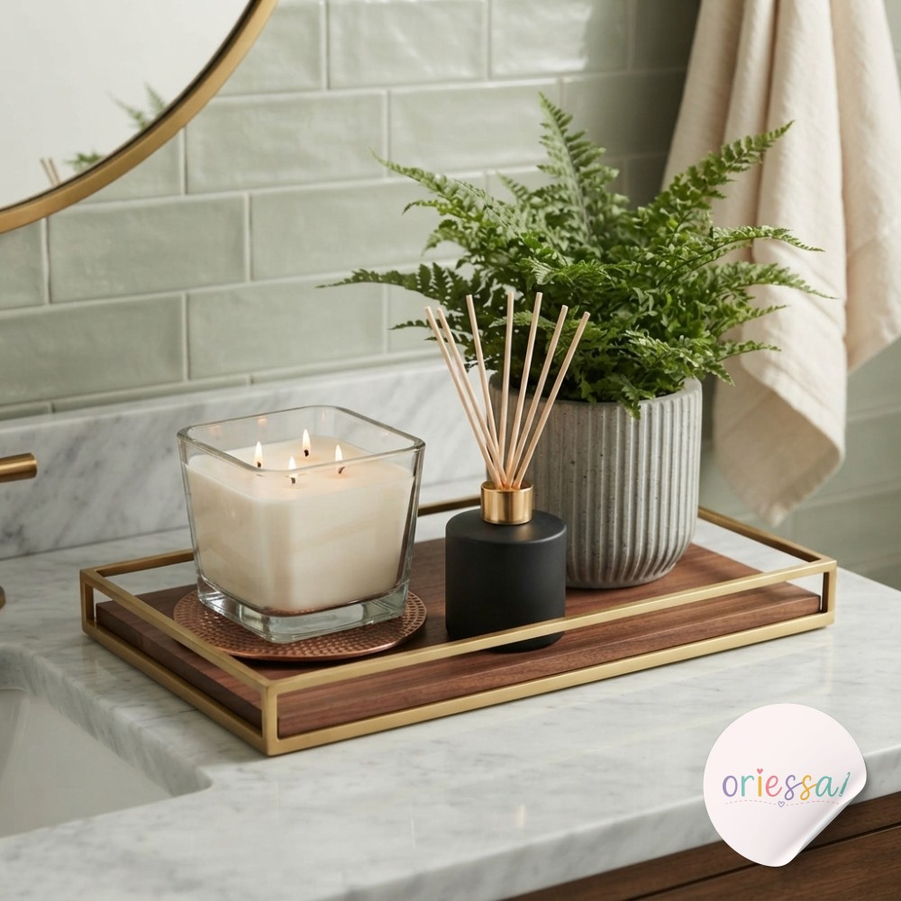 A stoneware soap dish with oatmeal soap and rosemary sprig styles a marble tray, cozy bathroom decor.