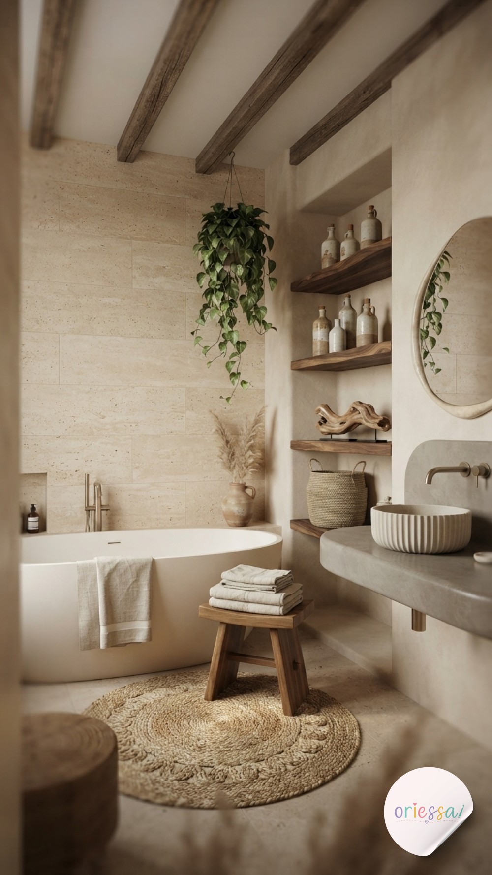 Rolled towels tied with jute twine sit on a floating oak shelf, a simple cozy bathroom decor idea.