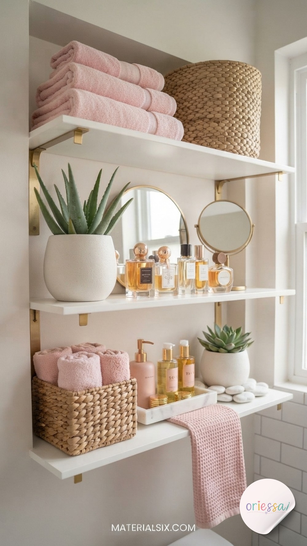A rattan ladder shelf layers towels and trailing pothos for warm, cozy bathroom decor inspiration.