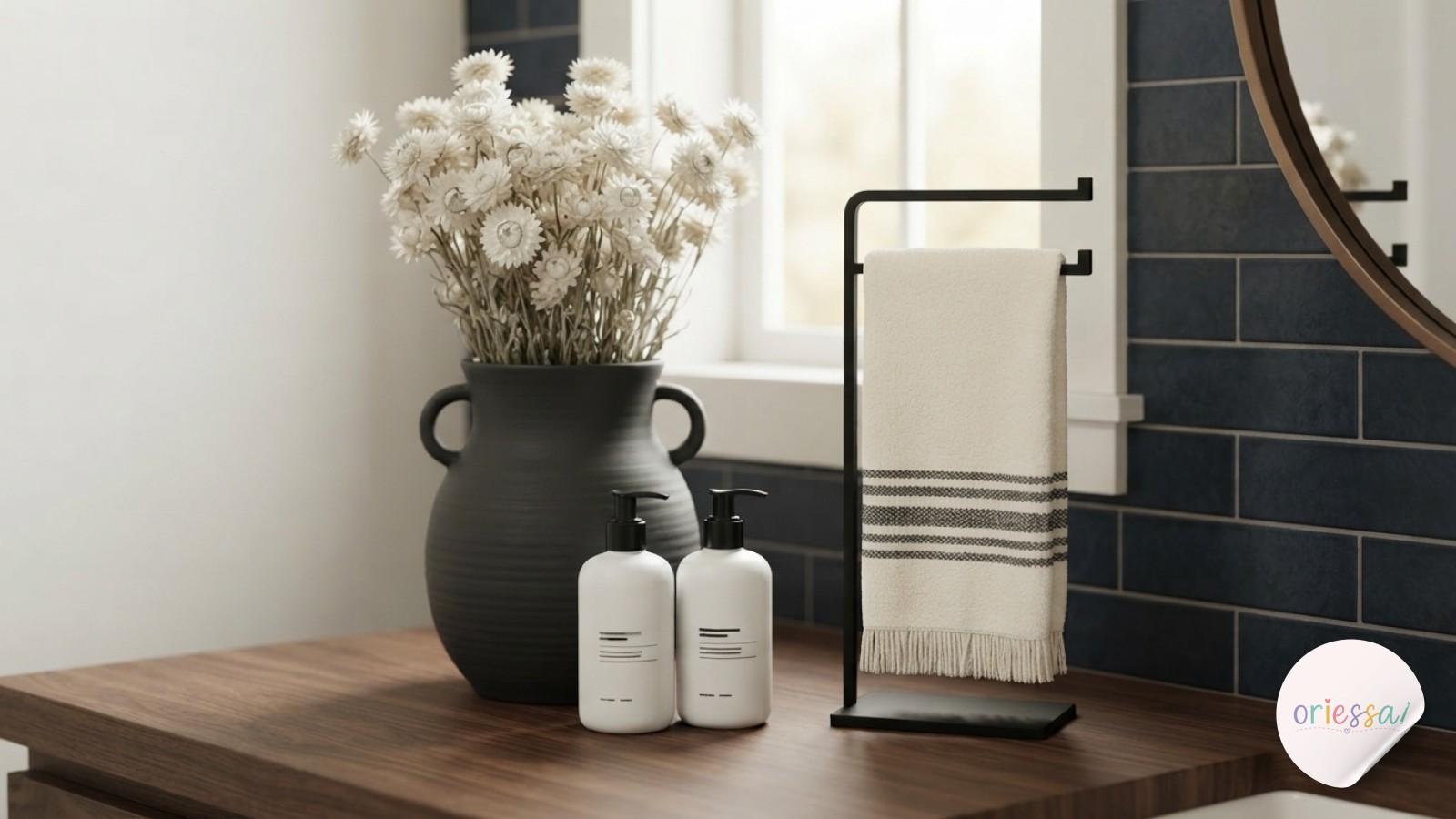 A floating walnut shelf displays graduated towel shades and dried grasses in cozy bathroom decor styling.