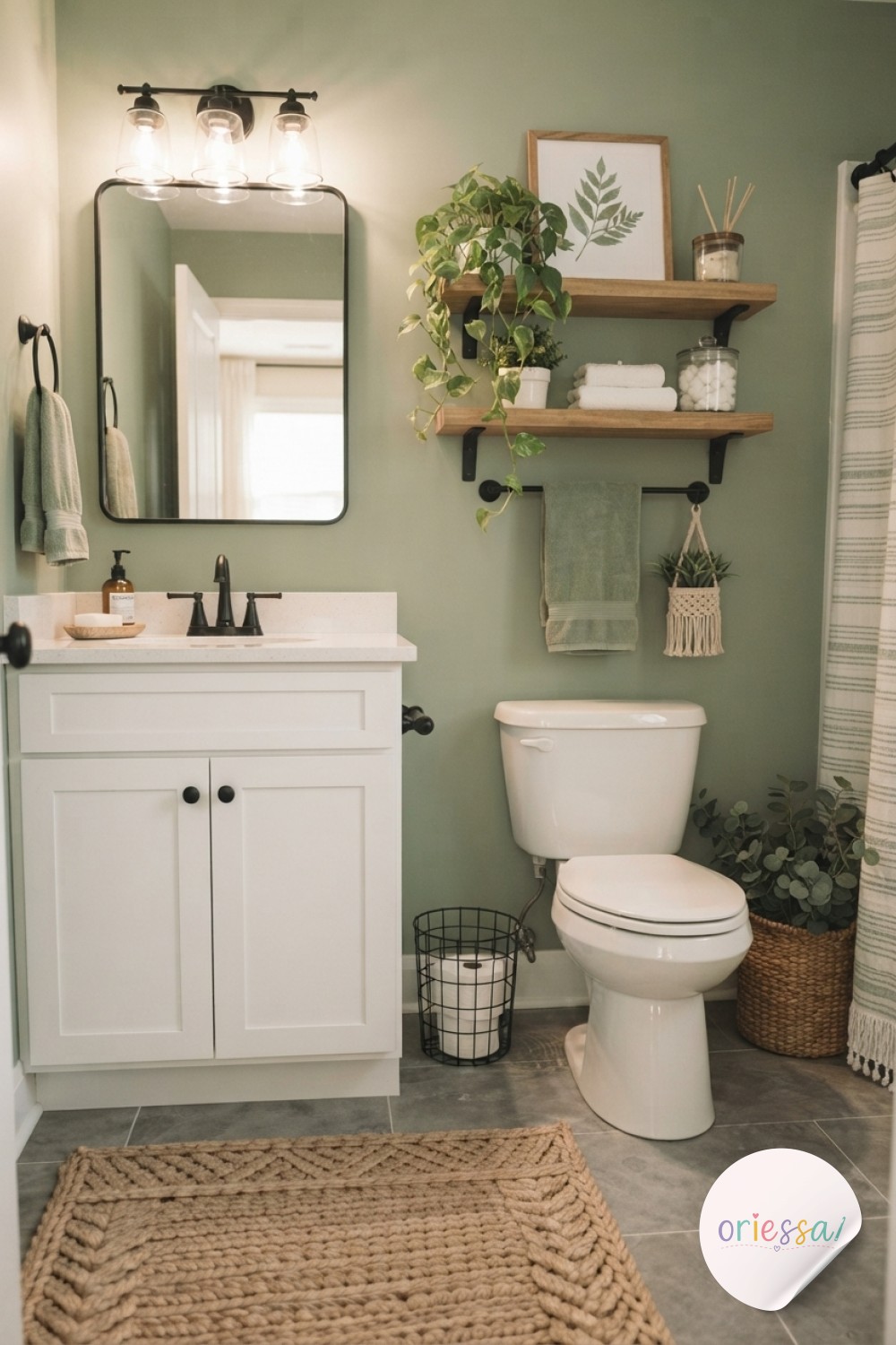 A reclaimed wood corner shelf holds potted herbs and folded towels, a fragrant cozy bathroom decor idea.