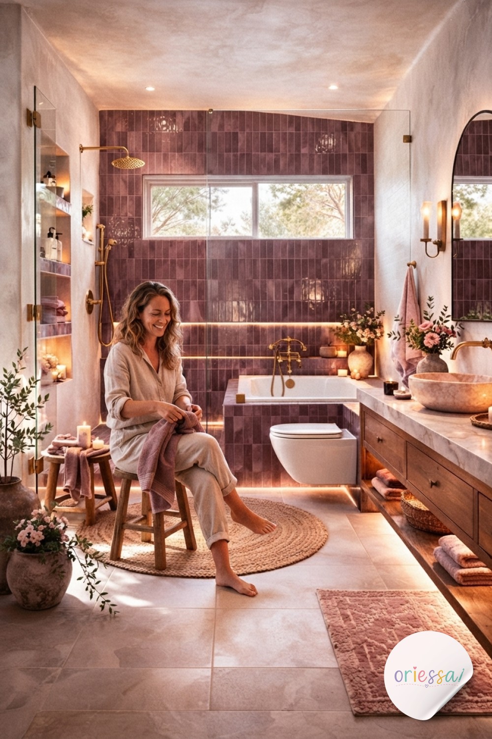 Open wood shelving beside a walk-in shower holds towels and a hanging fern for cozy bathroom decor.
