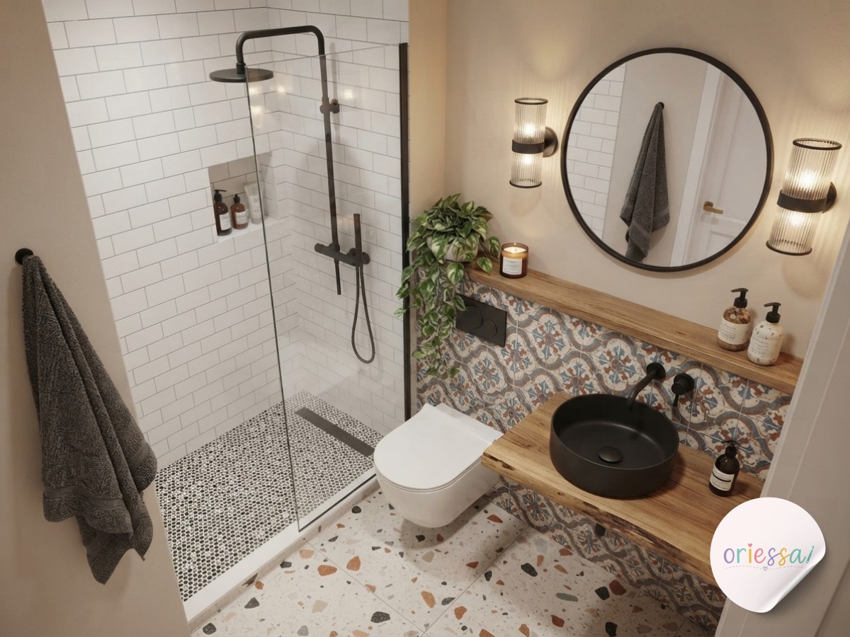 A vanity nook mixes hardcover books, candles, and pampas grass for unexpected cozy bathroom decor.
