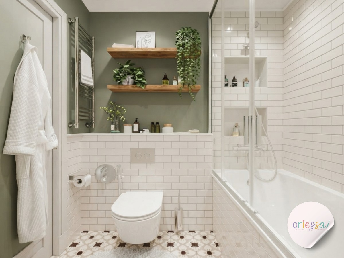 A floating walnut shelf displays graduated towel shades and dried grasses in cozy bathroom decor styling.