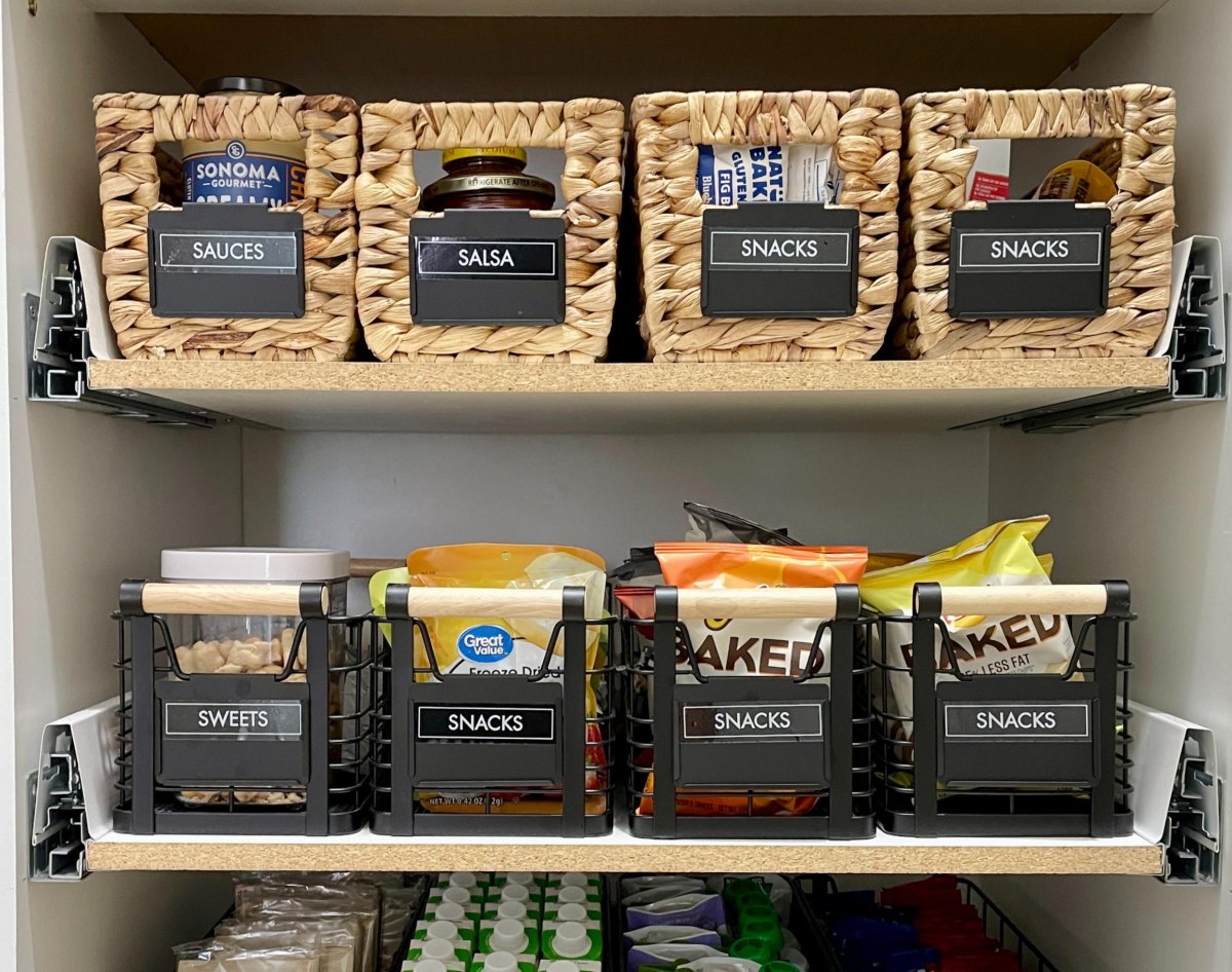 Small pantry snack basket organization