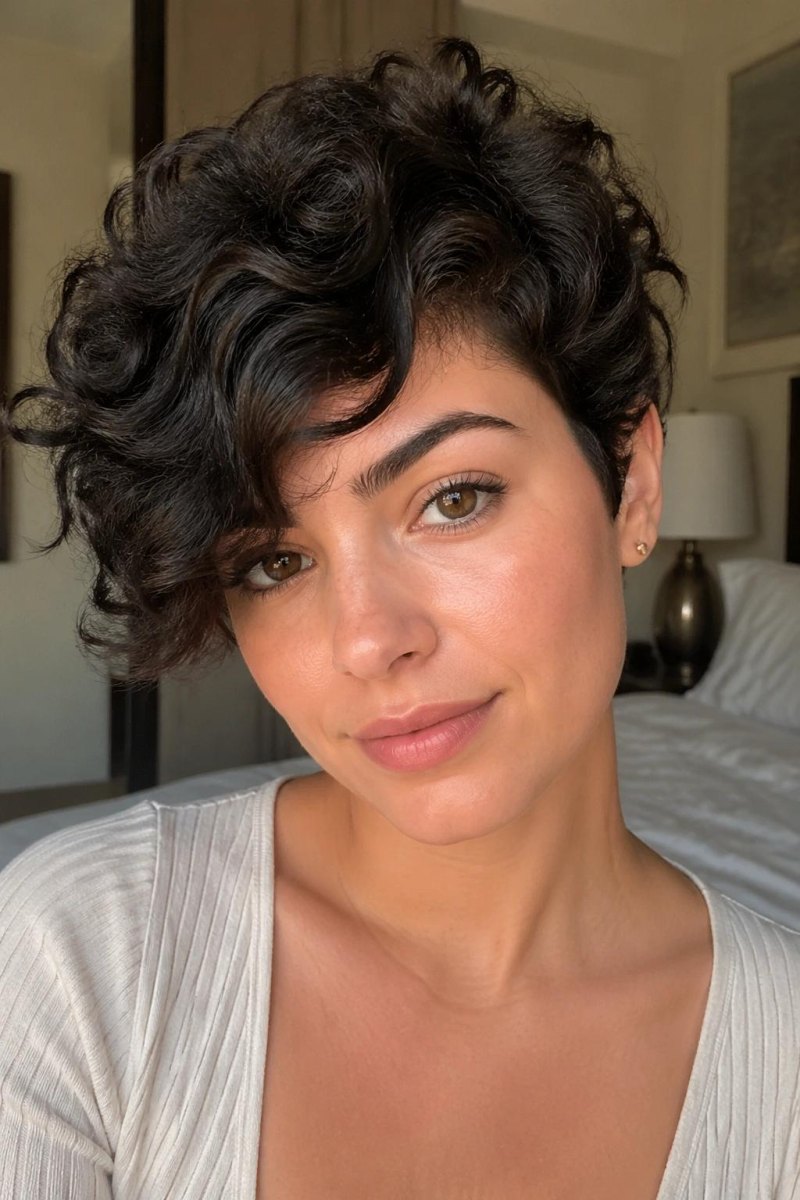 Curly pixie with side swept bangs