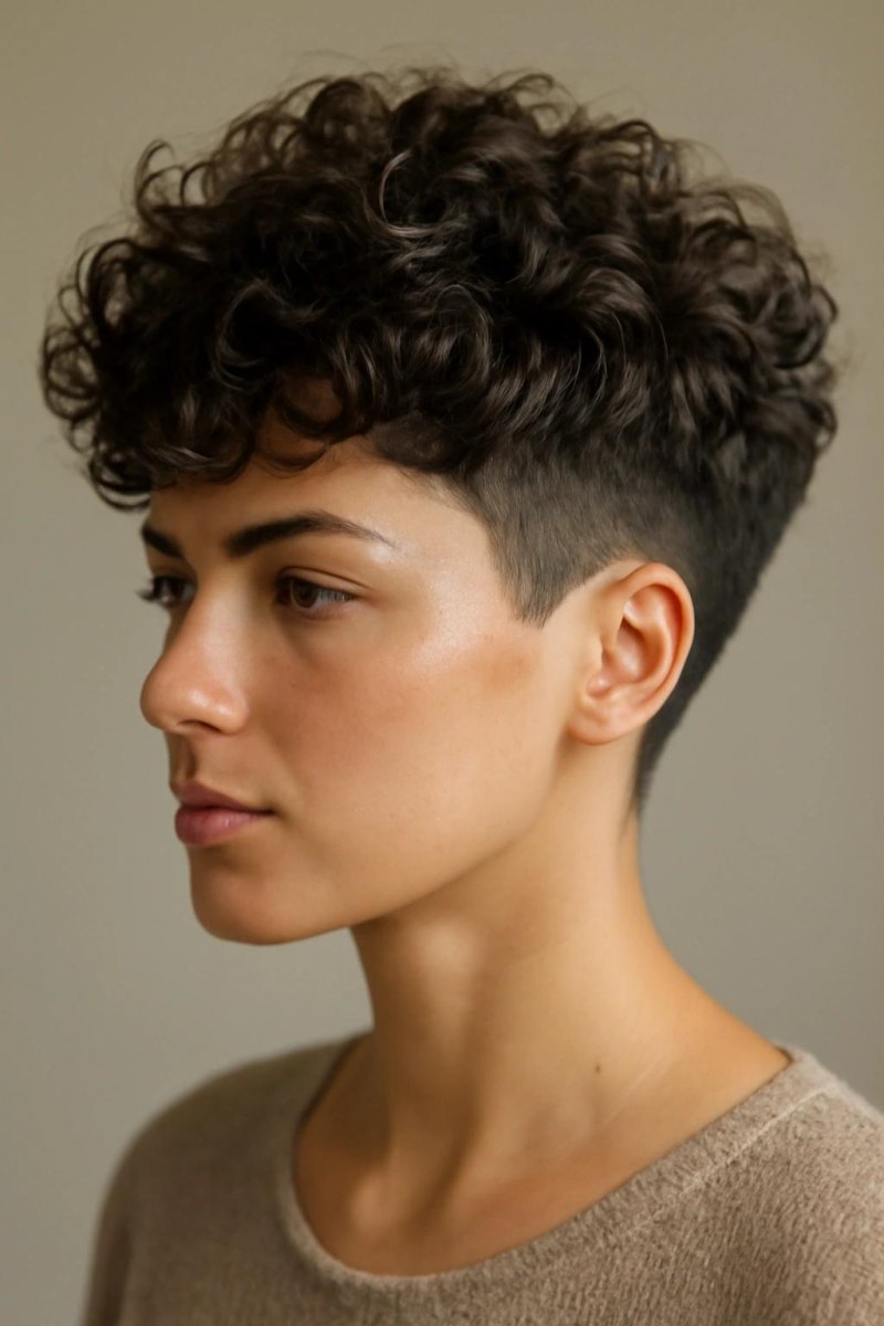 Tapered sides curly pixie cut