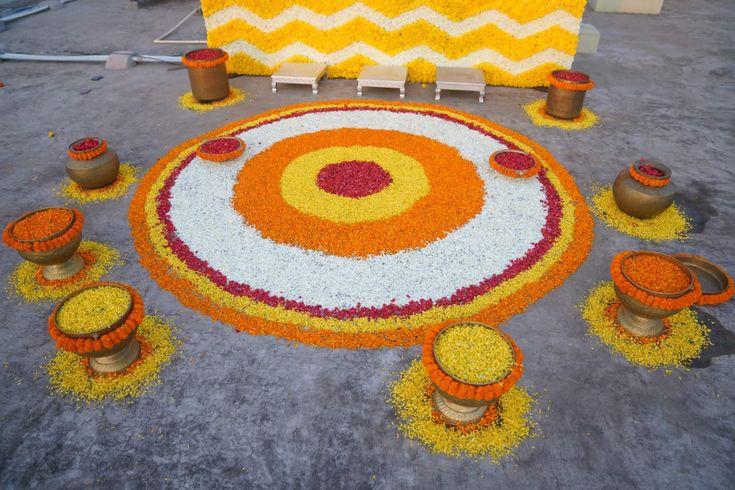 DIY floral rangoli haldi decoration