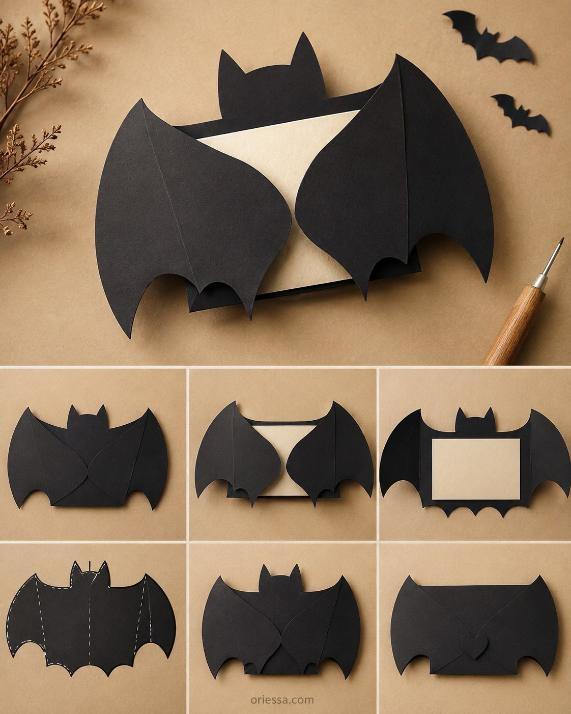 Step-by-step black paper bat-wing envelope craft, a playful Halloween diy gift idea for boyfriend