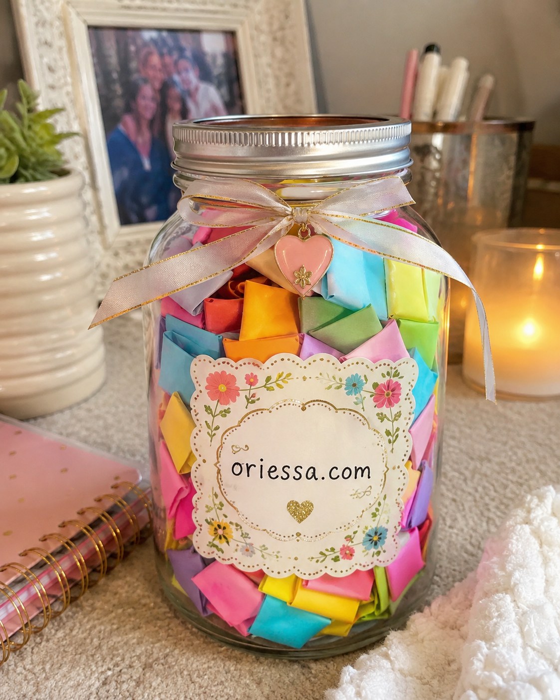 Bright mason jar of folded notes with a ribbon and heart charm, a casual diy gift idea for boyfriend