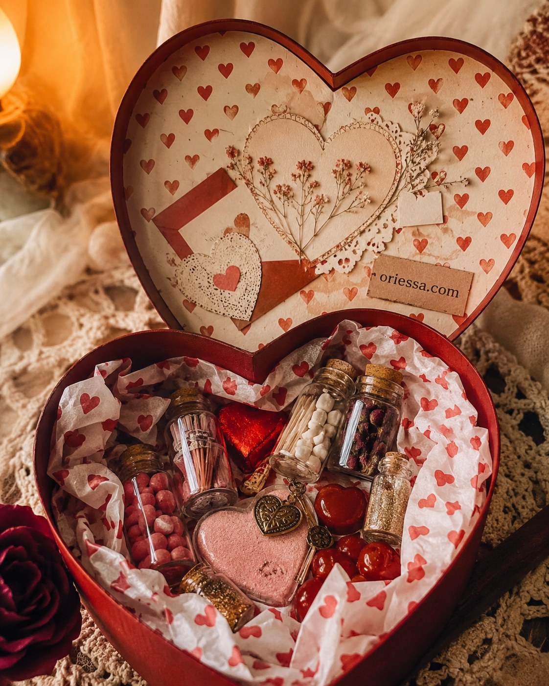 Open heart-shaped gift box filled with glass vials and charms, a romantic diy gift idea for boyfriend