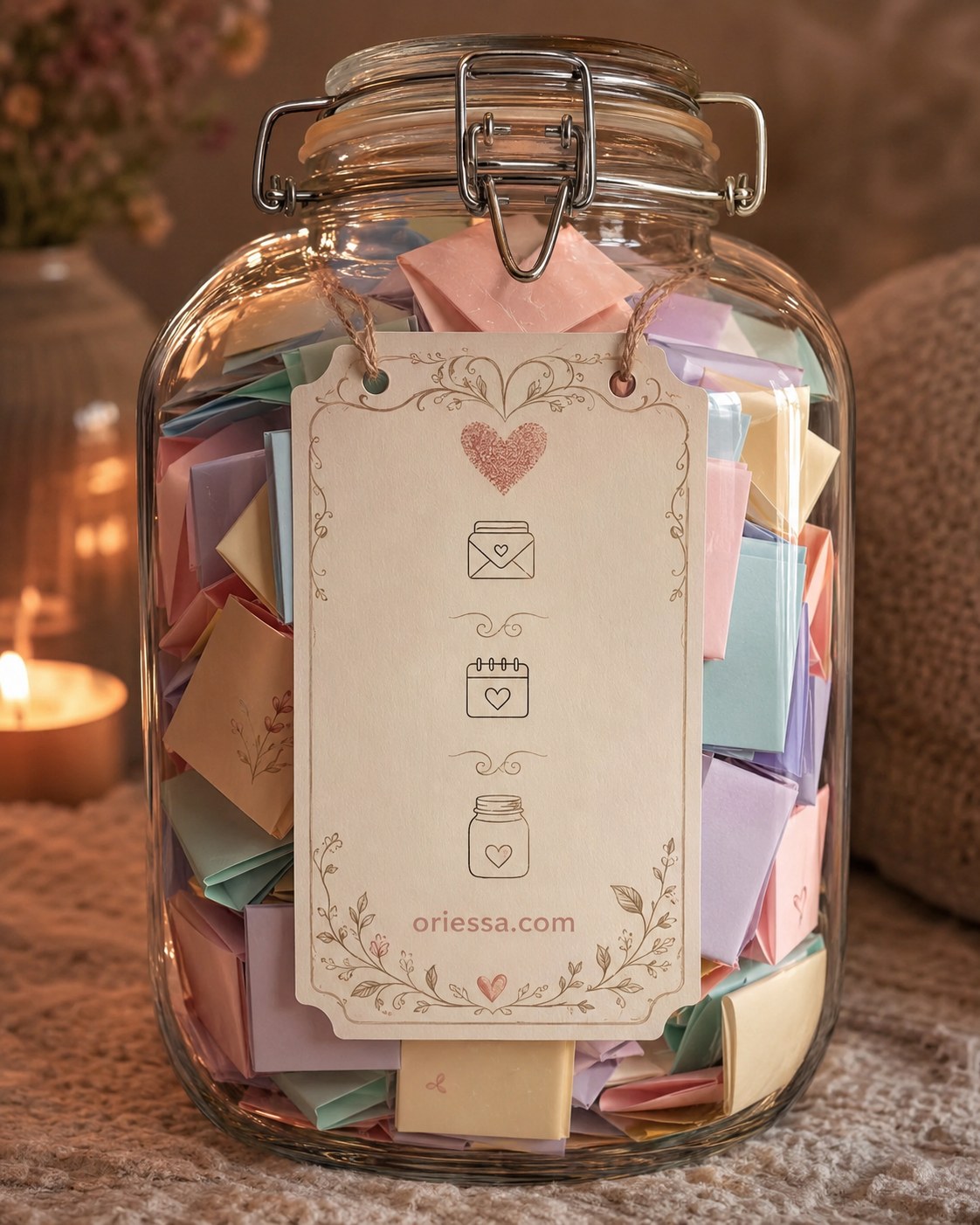 Hinged glass jar of love notes with an illustrated tag, an heirloom-style diy gift idea for boyfriend