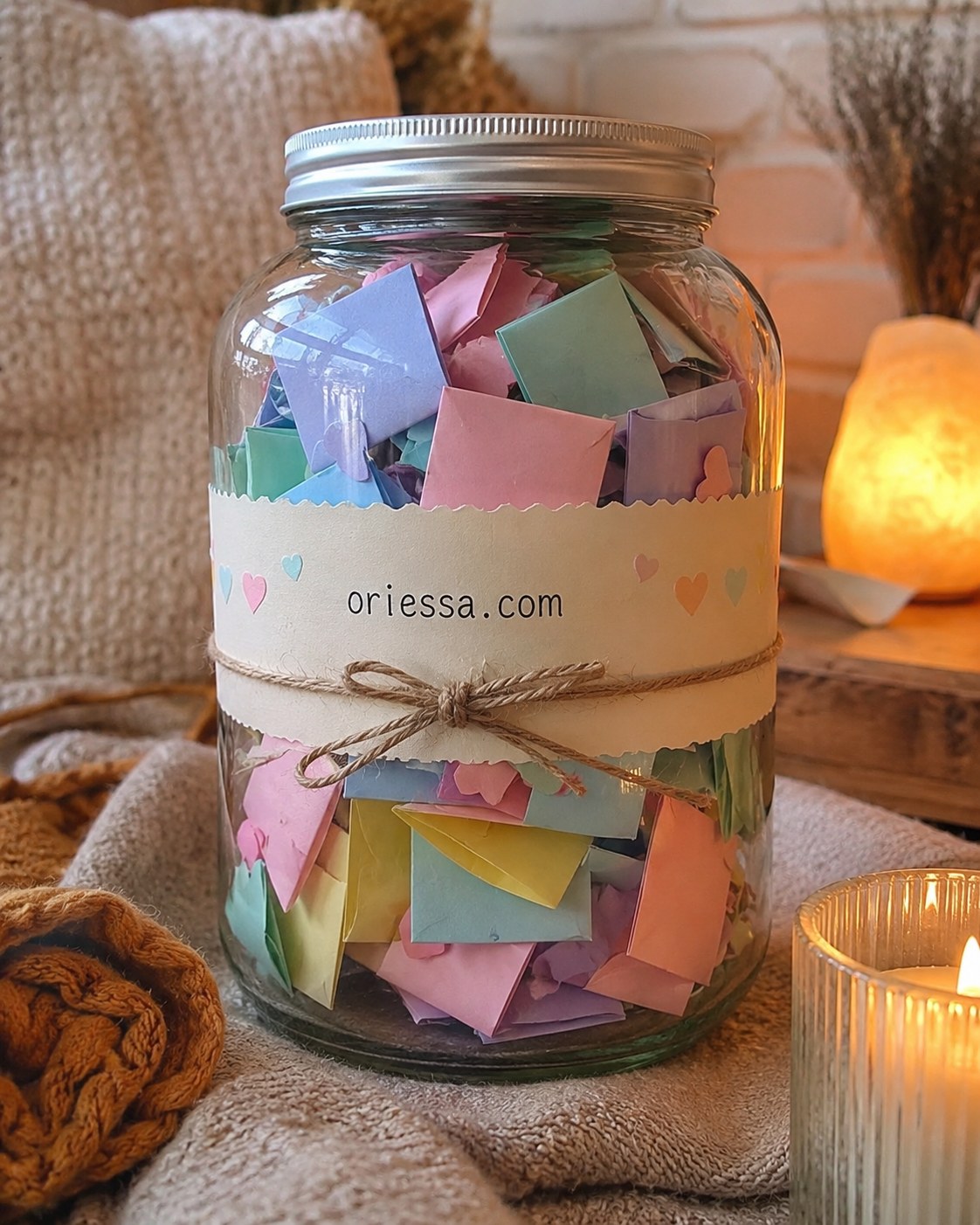 Mason jar filled with folded colorful love notes tied with twine, a classic diy gift idea for boyfriend