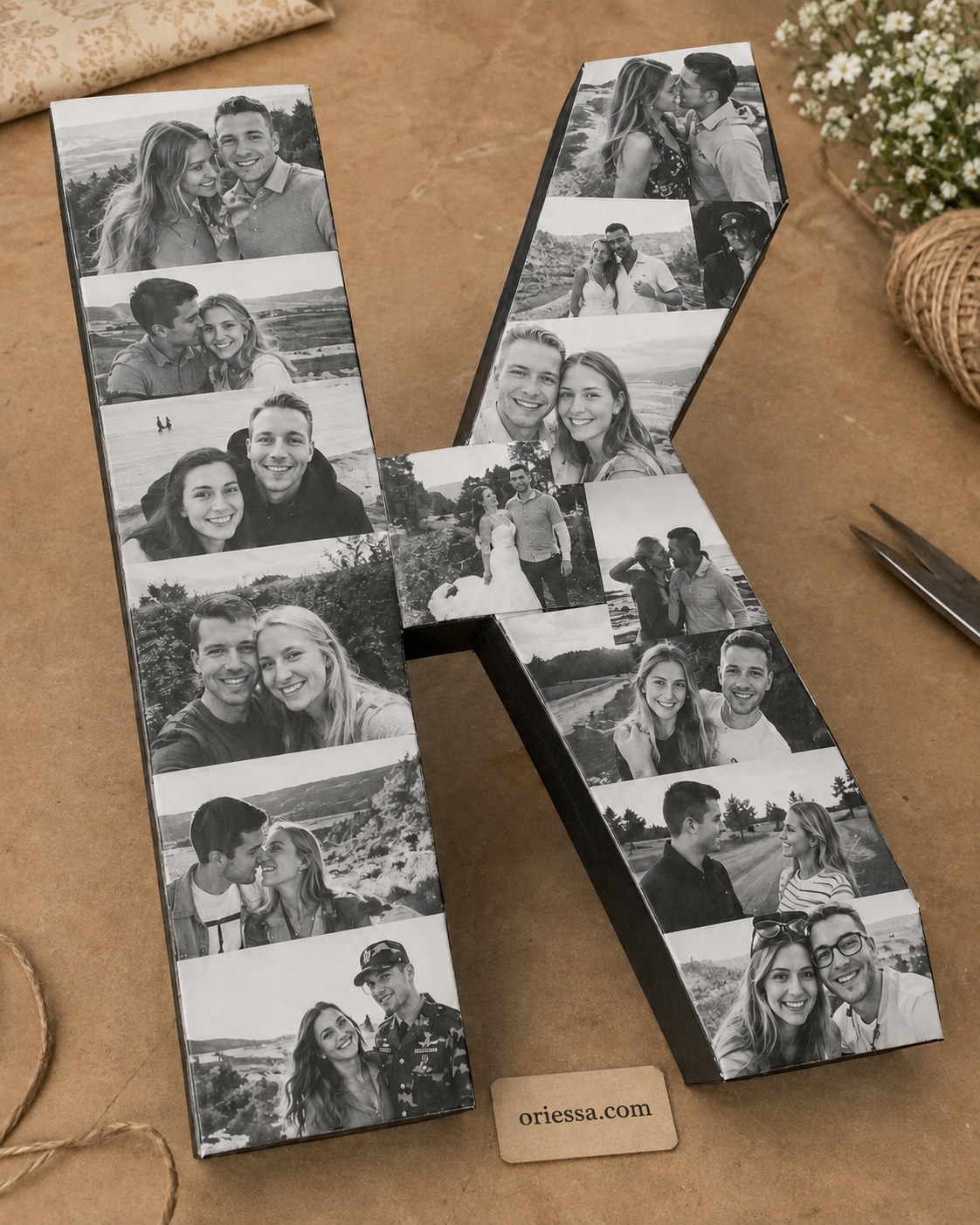Large wooden monogram letter wrapped in black and white couple photo strips as a statement diy gift idea